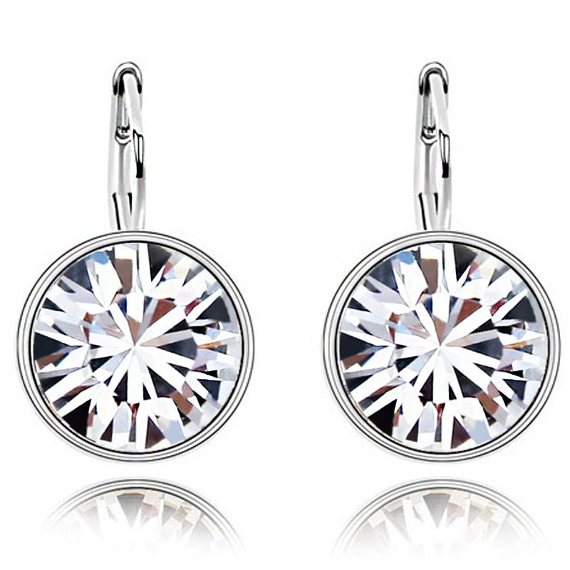 18K White Gold Plated Austrian Crystal Clip On Earrings for Women Sweet Candy Round Drop Earring Rhinestone Dangle Earrings Wedding Jewelry Nice Gift