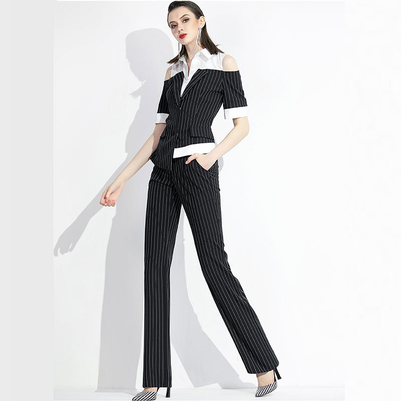 Women's pantsuit Summer black Notched 2 piece set Suits Broadcloth ladies Office Blazer Suit Trouser T200818