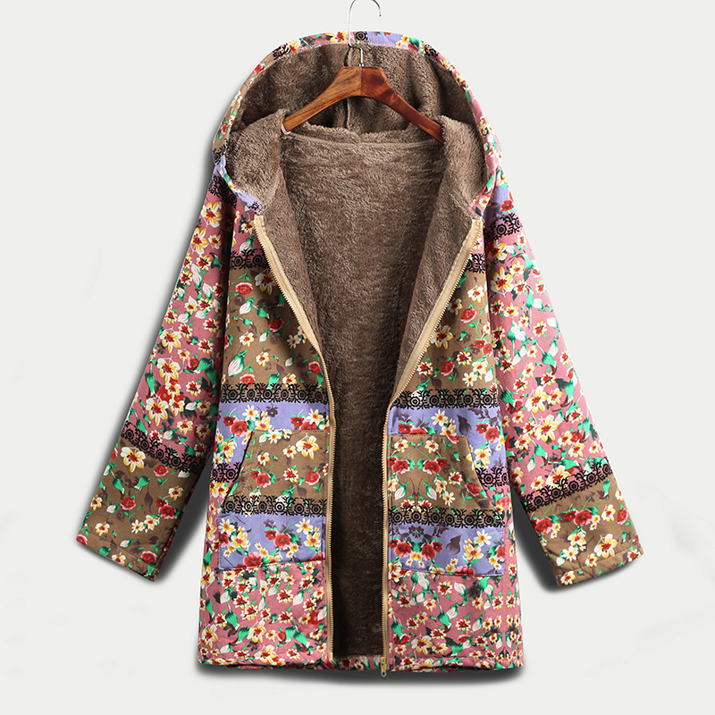 EaseHut Women Floral Print Jacket Coat Hooded Long Sleeve Female Vintage Autumn Winter Loose Casual Overcoat manteau femme hiver 201029