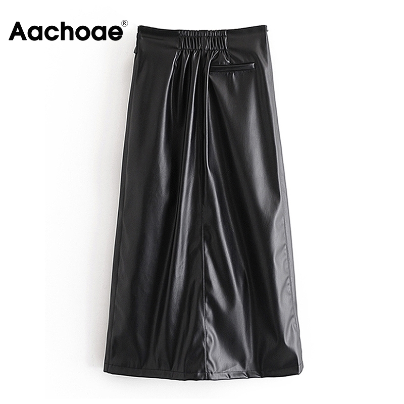 Aachoae Elegant Solid Faux Leather Skirt Bow Tie Office Wear Long Skirt Women Brown And Black Color A Line Skirts Mujer Faldas 201110