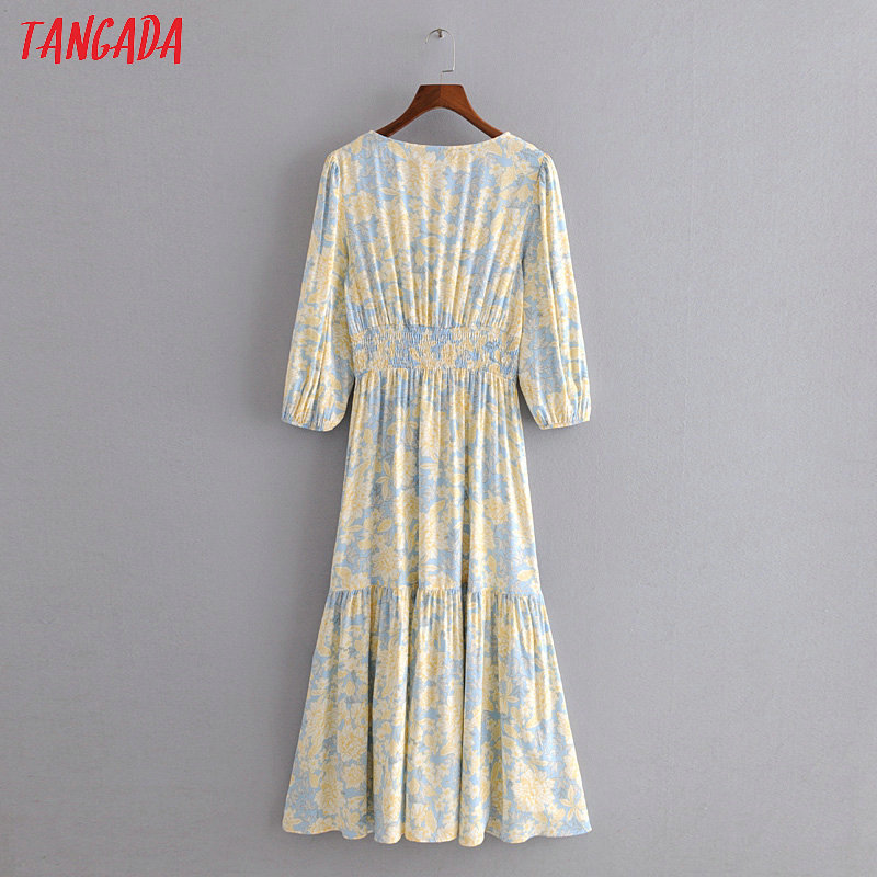Tangada fashion women yellow floral midi dress short sleeve buttons ladies elegant v neck vintage dress 3H394 T200613