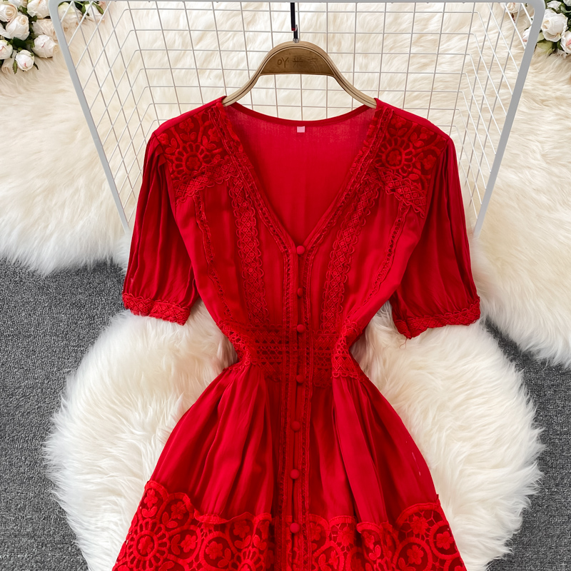 Summer Sexy Black/Red Embroidered Dress Women Elegant V-Neck Short Sleeve High Waist Single Breasted A-Line Vacation Beach Robe 2022