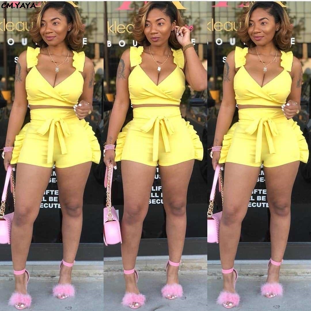 2019 women summer ruffles side splicing spaghetti strap vneck crop top & shorts suit two piece set beach tracksuit outfit L5052 T200603