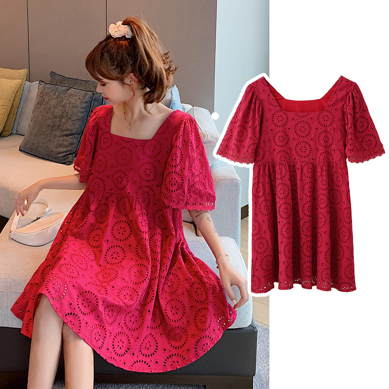 Maternity Clothes Summer Red fashion lace Short Sleeve Easy Matching Loose Stylish Dress for Pregnant Women Mom Dress LJ201124