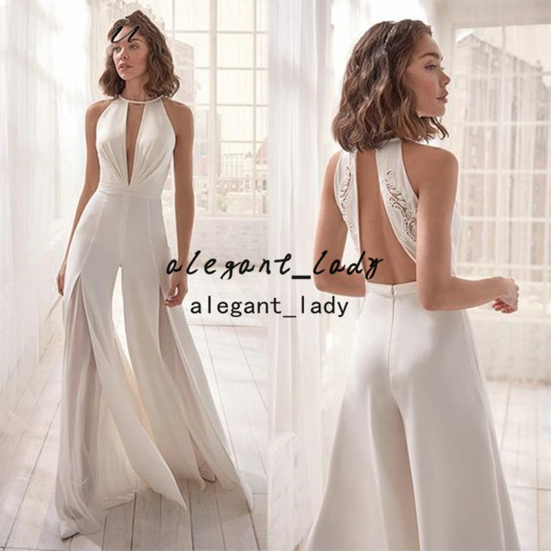 Chiffon Beach Wedding Jumpsuit Sexy Keyhole Neck Lace Backless Fairy Flowy Skirt Bridal Dress with pant suit abiti sposa 2022
