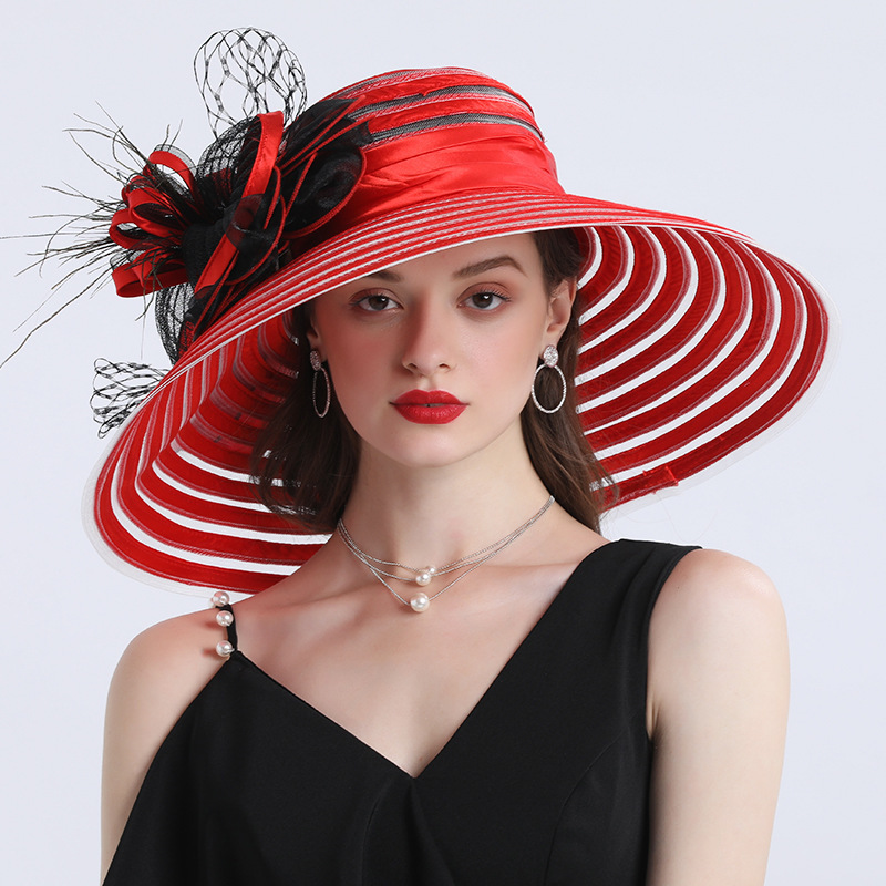 Elegant Women Feather Flower Striped Kentucky Derby Hat 16cm Wide Brim Church Dress Sun Hat Lady Summer Beach Party Wedding Hat Y2
