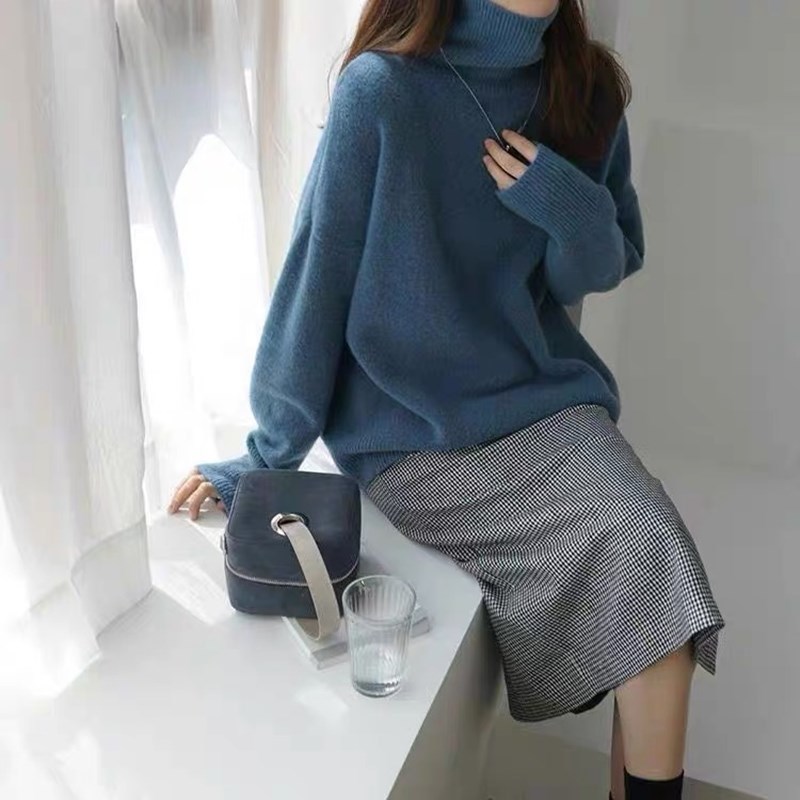 womens high neck loose wool sweater sweater pullover thick knitted cashmere sweater outer wear base large size warm top 201221