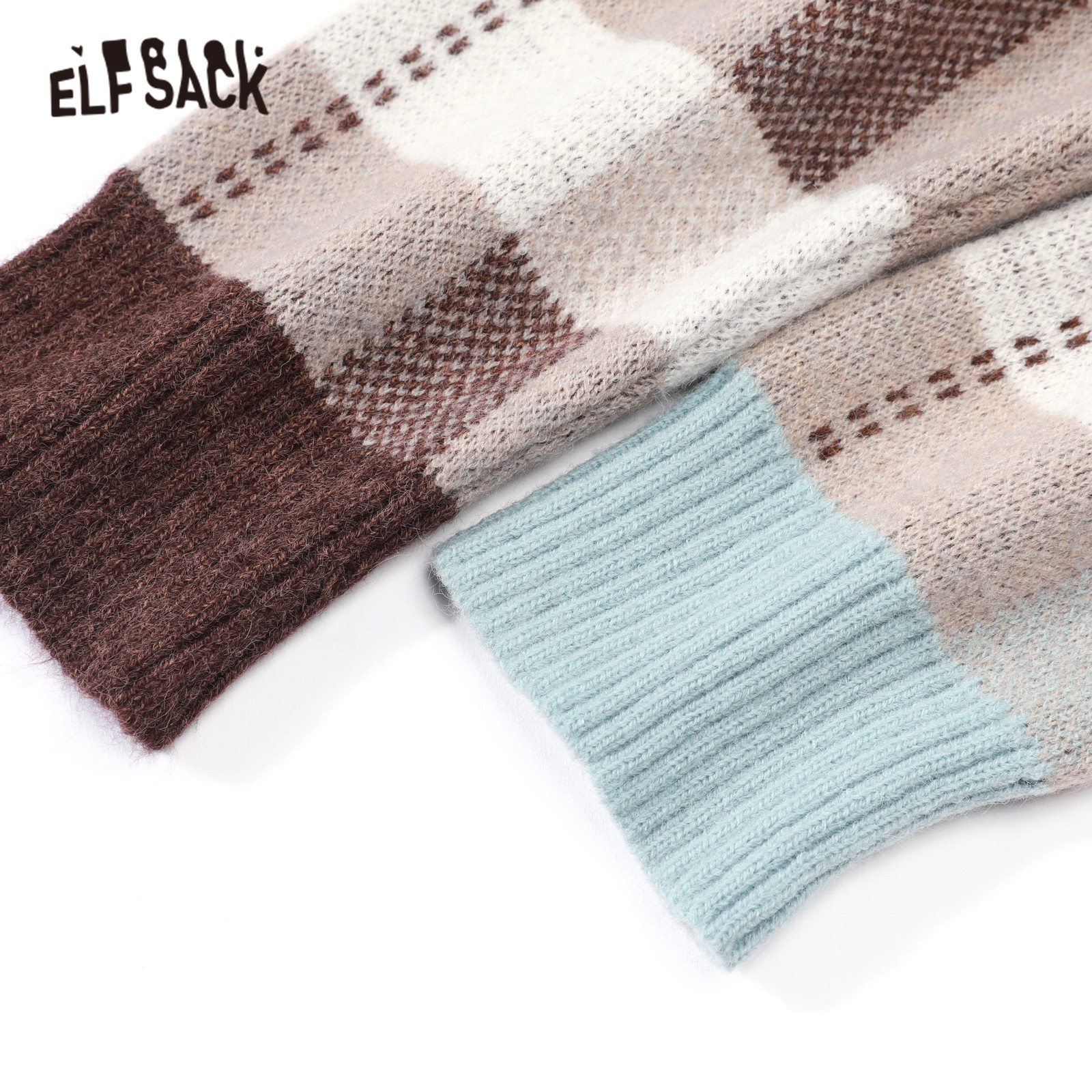 ELFSACK Brown Plaid British Style Jersey Pullover Sweater Women Spring Blue Vintage Long Sleeve Ladies Casual Daily Top 201222