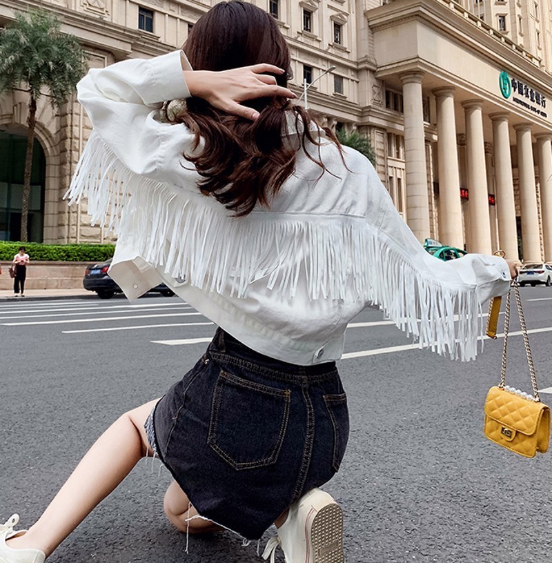 Fashion Trend Cowboy Clothing Women Back Fringe Tassel Denim Top Short Lapel Long Sleeve Casual Coat Cowboy Jacket 201017
