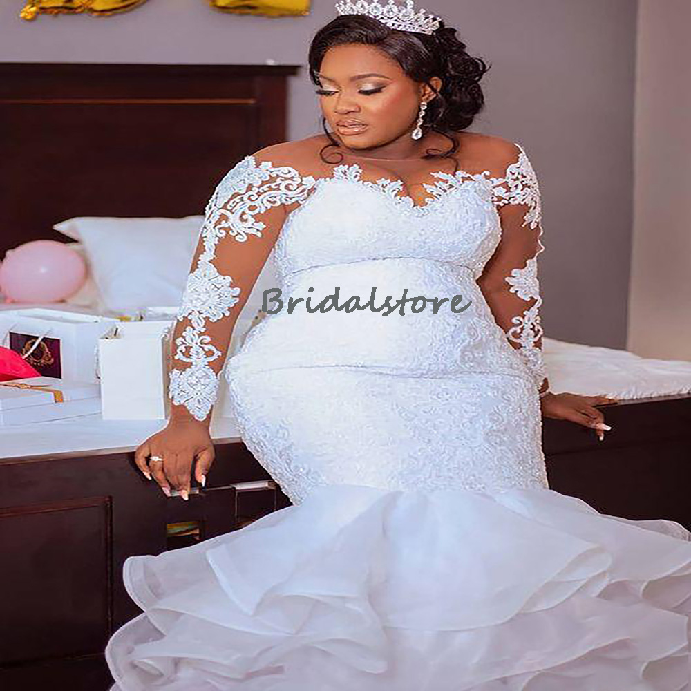 Extra Plus Size Mermaid Wedding Dresses Elegant Bottom Ruffles Country African Black Girls Wedding Gown White Bohemian Bridal Dress Women Robe De Mari