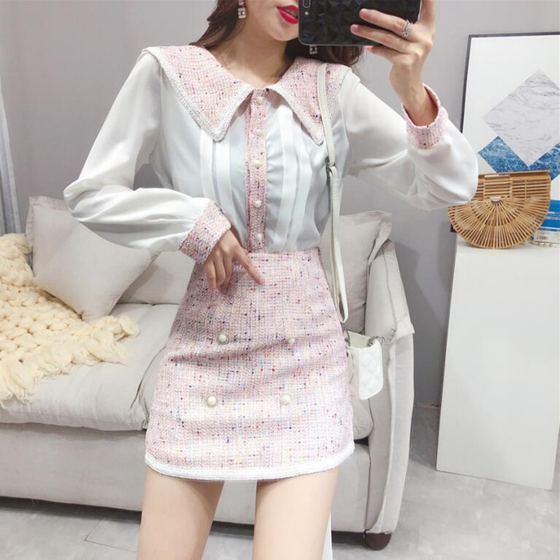 Ladies Fashion Tweed 2 Piece Set Women Autumn New Peter pan collar Stitching Chiffon Shirt and Tweed High waist Mini Skirt Sets T200325