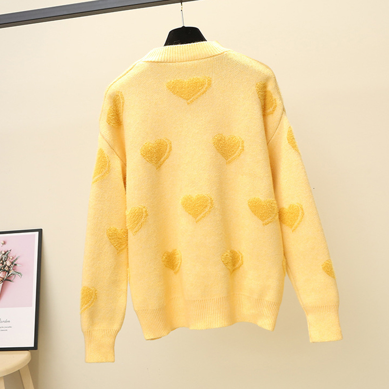 TIGENA Heart Pattern Knit Pullover Sweater Women Jumper 2019 Winter Korean Kawaii Cute Long Sleeve Fluffy Sweater Female Yellow LY191210