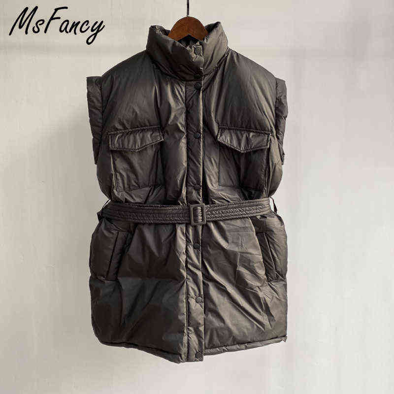 Msfancy Green Quilted Vest Women Winter Stand Collar Gilet Femme Fashion Pockets Tunic Lace-up Chaleco Mujer Outwear 211220