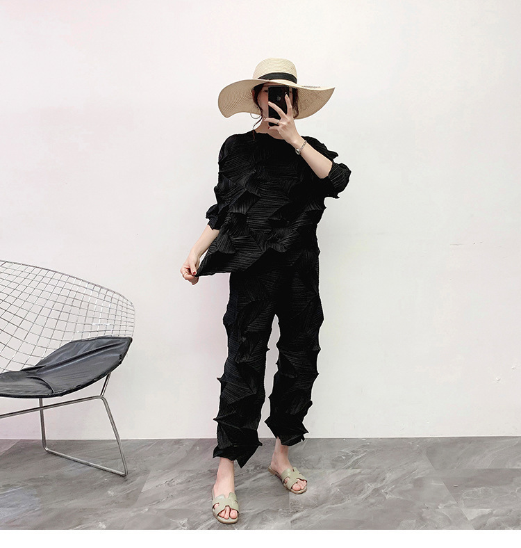 LANMREM roud neck full sleeves pleated three quarter sleeves T-shirt and high waist elastic wide legs pants set 201119
