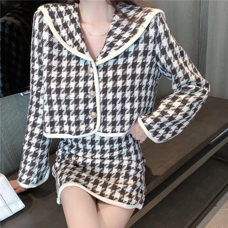 New Autumn Houndstooth Vintage Two Piece Set Women Crop Top Short Tweed Jacket Coat + Mini Bodycon Skirt Sets Ladies Suits 201124