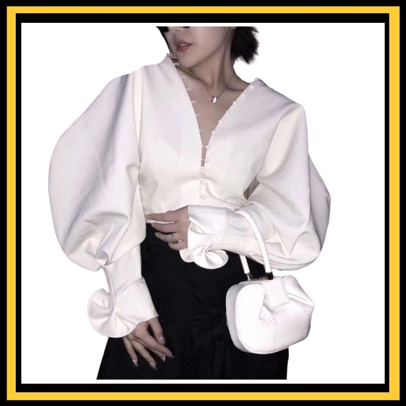 GETSRING Blouse Shirt Vintage V Neck White Ruffle lantern Shirts Top Women 2020 girls Blouses