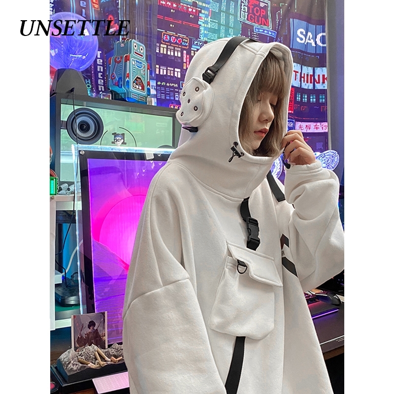 Autumn Japanese Laser Reflection Harajuku Pocket Hip Hop Vintage Streetwear Sweatshirts Aesthetic Oversized Hoodie Women Tops 201204