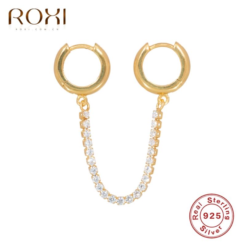 Hoop & Huggie ROXI 1PC Double Glossy Earrings For Women Crystals Chains Jewelry Unusual Cartilage 925 Sterling Silver Pendientes
