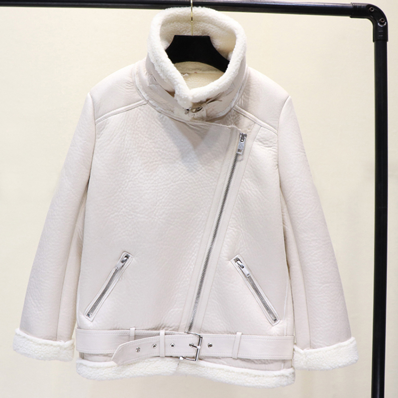 Fitaylor Winter Warm Faux Lamb Leather Jacket Women Thick Zipper Black White Punk Overcoat Loose Faux Lambs Wool Fur Outwear 201030