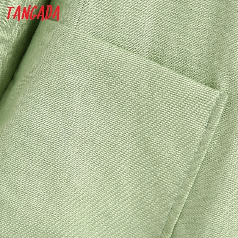 Tangada women green cotton linen blazer female long sleeve elegant jacket ladies work wear formal suits BE753 201114
