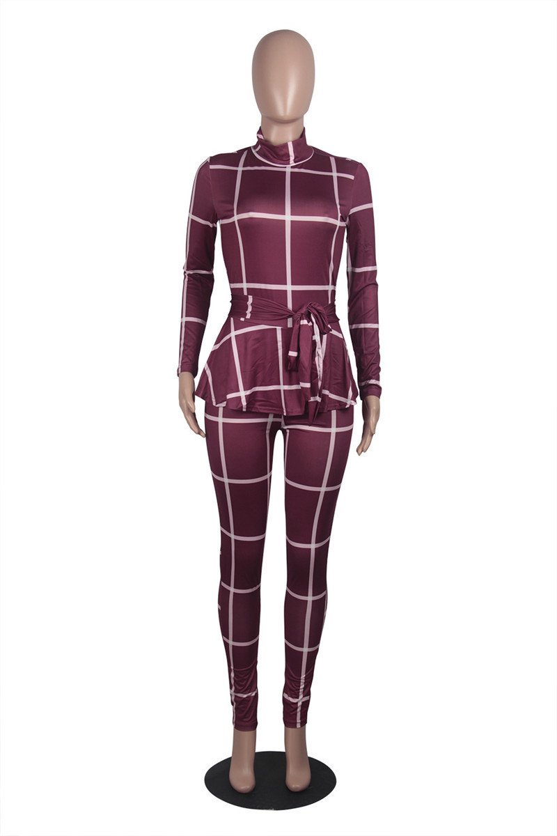 Plaid Print Bodycon Jumpsuit Women Turtleneck Long Sleeve Peplum One Piece Overalls Skinny Party Casual Romper Catsuit Sashes T200107