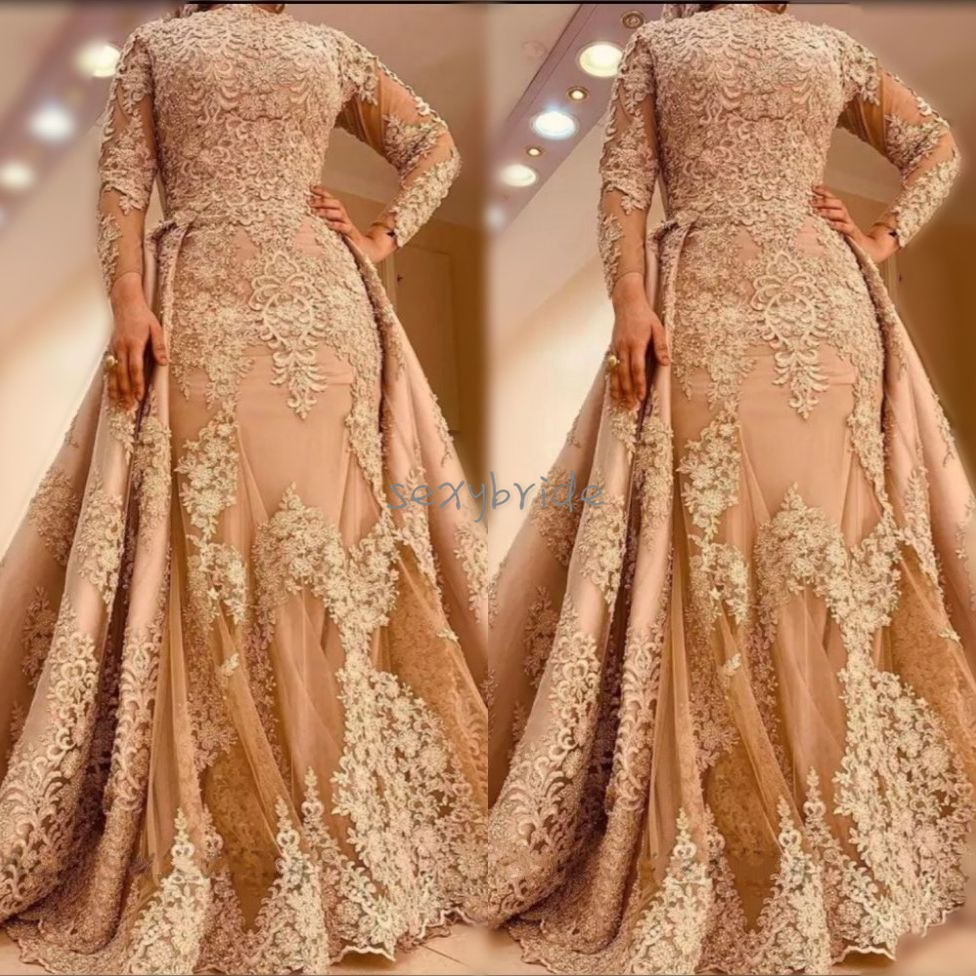 Elegant Champagne Mermaid Lace Evening Dresses Appliques Long Sleeves Muslim Islamic Prom Party Dress With Detachable Train Vestidos