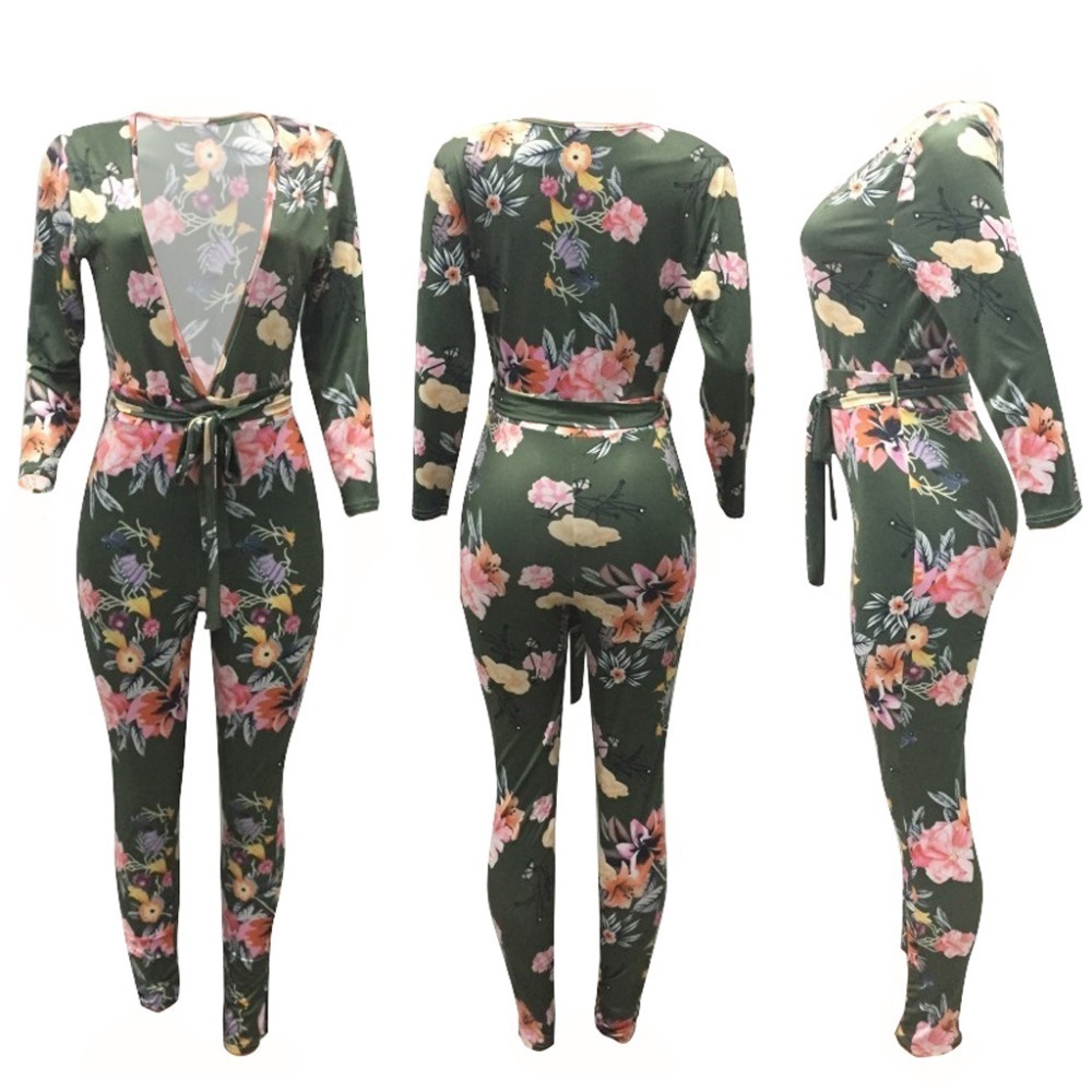 Sexy Elegant With Belt Print Casual Autumn Spring Lady Fashion Bandage Outfit Women Plus Size S-2XL Jumpsuits Rompers 6 Colors T200509