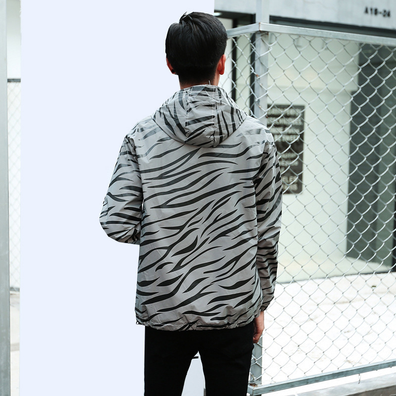 Aolamegs Men Jacket Hip Hop Windbreaker Reflective Jacket Zebra Stripe Fluorescent Coat Hooded Couples Thin Hoodie Cardigan 201106