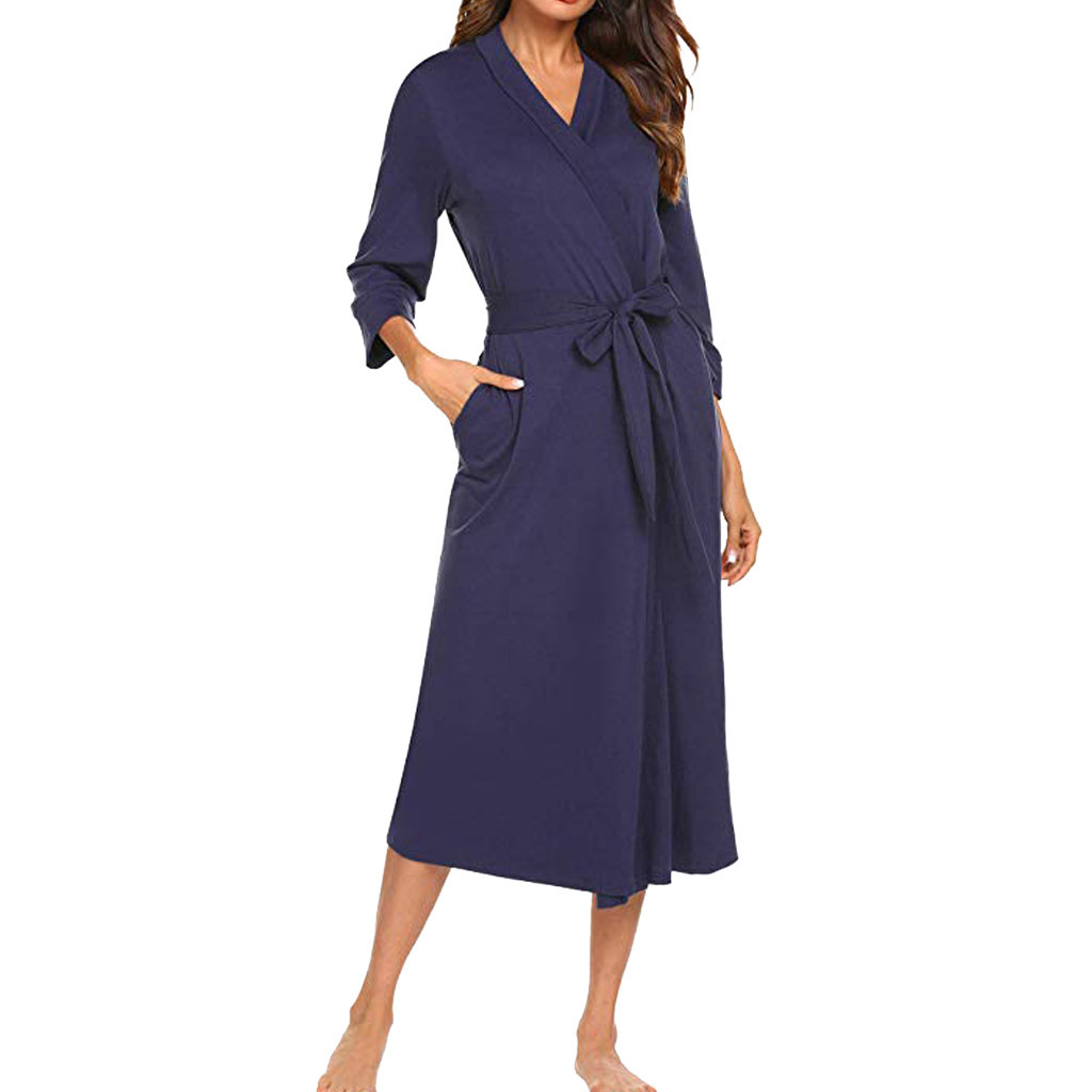 Women Sleep Robes Nighties Long Sleeve Solid Kimono Robe Nightgown Spa Bathrobe Sleepwear Dressing Gown Female Homewear 210203