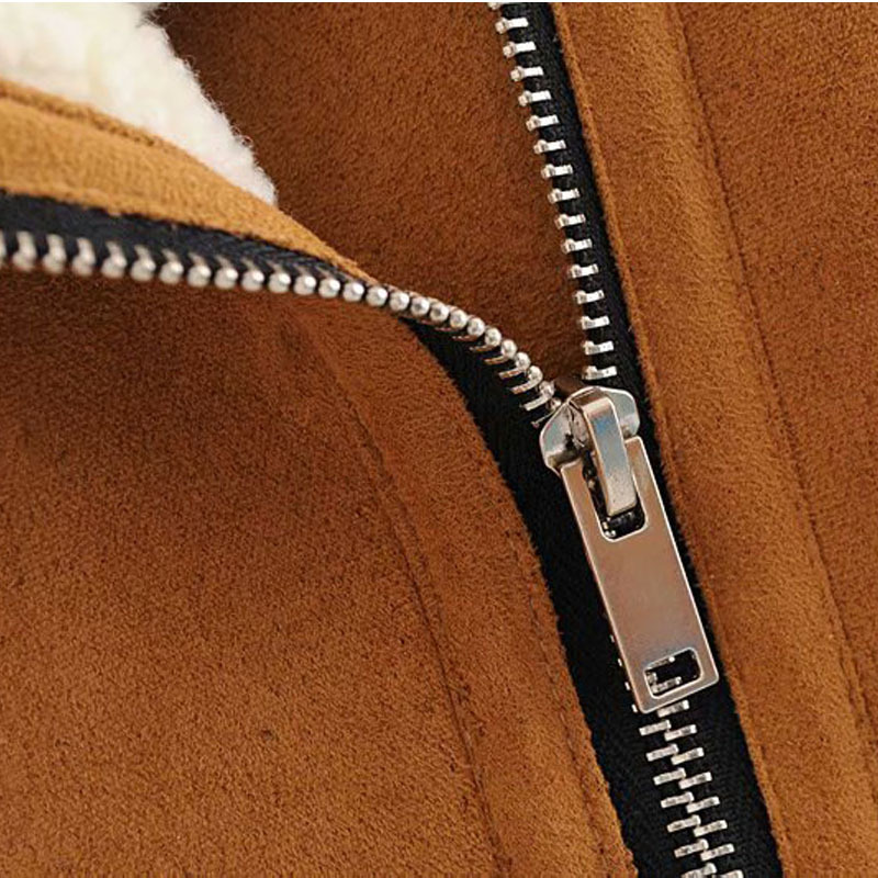 Warm Winter Fashion Long Sleeve Zipper Lamb Hair Female Coat Fur One Deerskin Locomotive Womens Jacket Black Chic Tops 201029