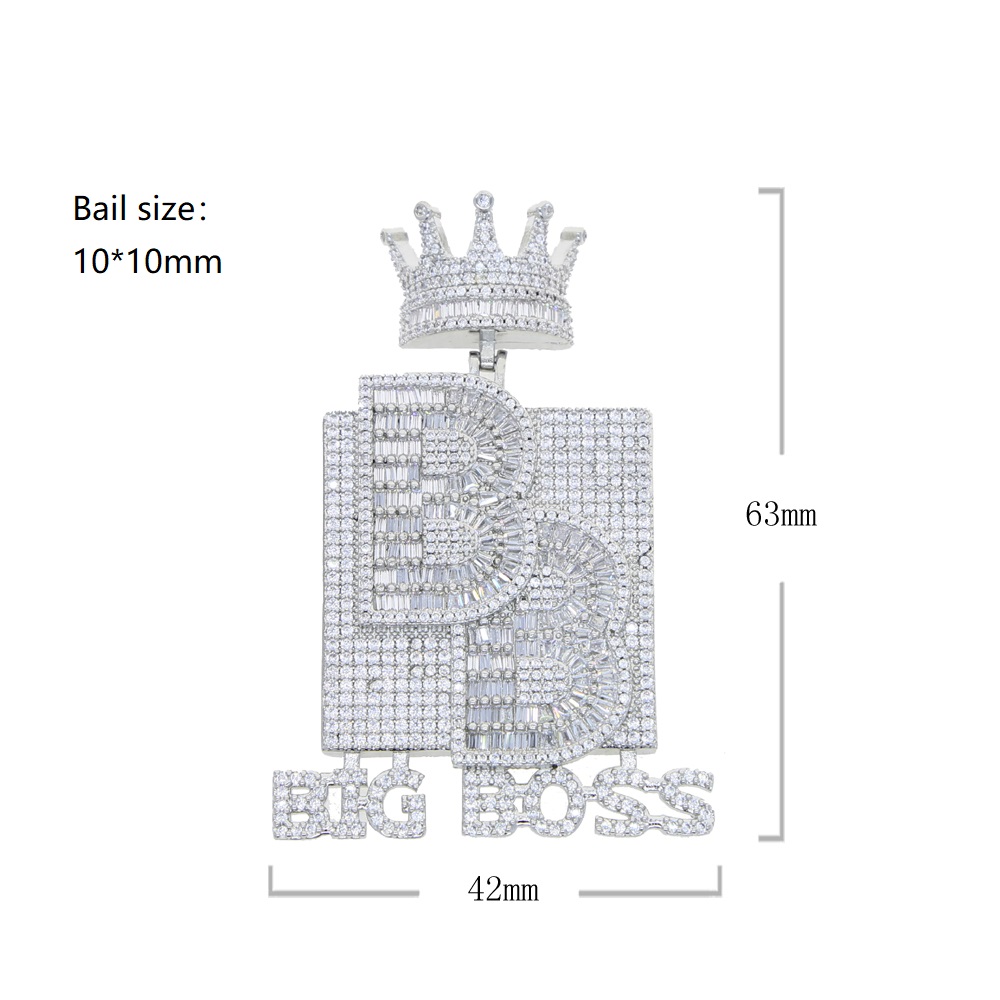 Big Boss Letters Crown Shaped Initial Necklace Pendant with Rope Chain Iced Out Bling 5A Cubic Zircon Hip Hop Men Boy Jewelry