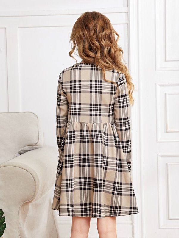 Girls Plaid Print Smock Dress SHE