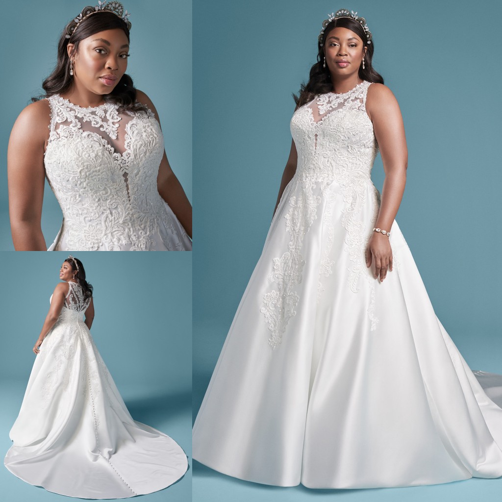 Plus Size Graceful Lace Appliqued Wedding Dresses Sheer Jewel Neck A Line Sequined Bridal Gowns Sweep Train Satin Robe De Marie