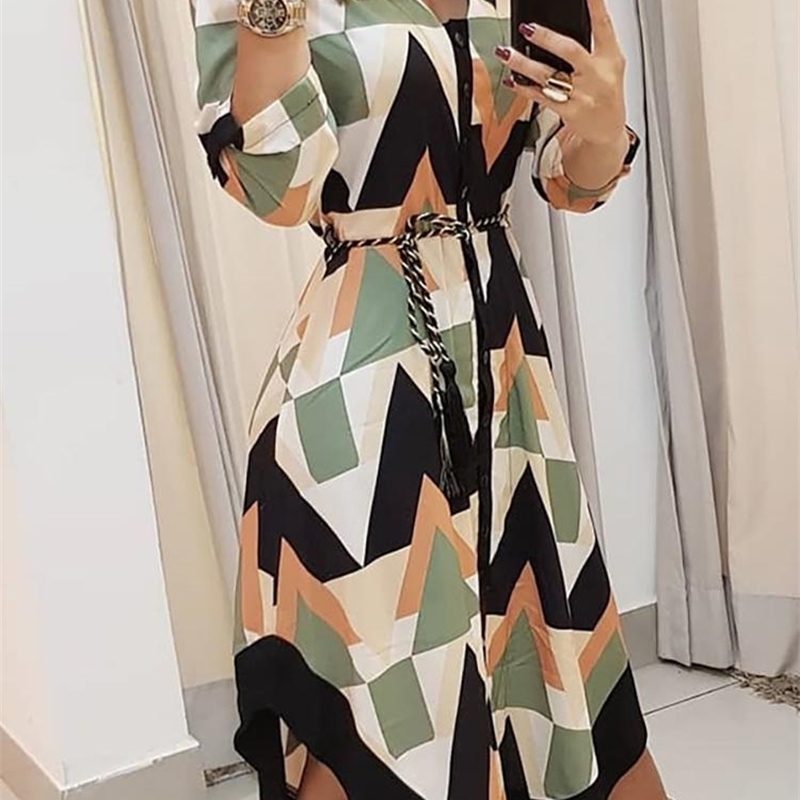 Summer Women Elegant Vacation Stylish Leisure Dress Female Slimming Colorblocked Geo Print Asymmetrical Casual Dress T200107