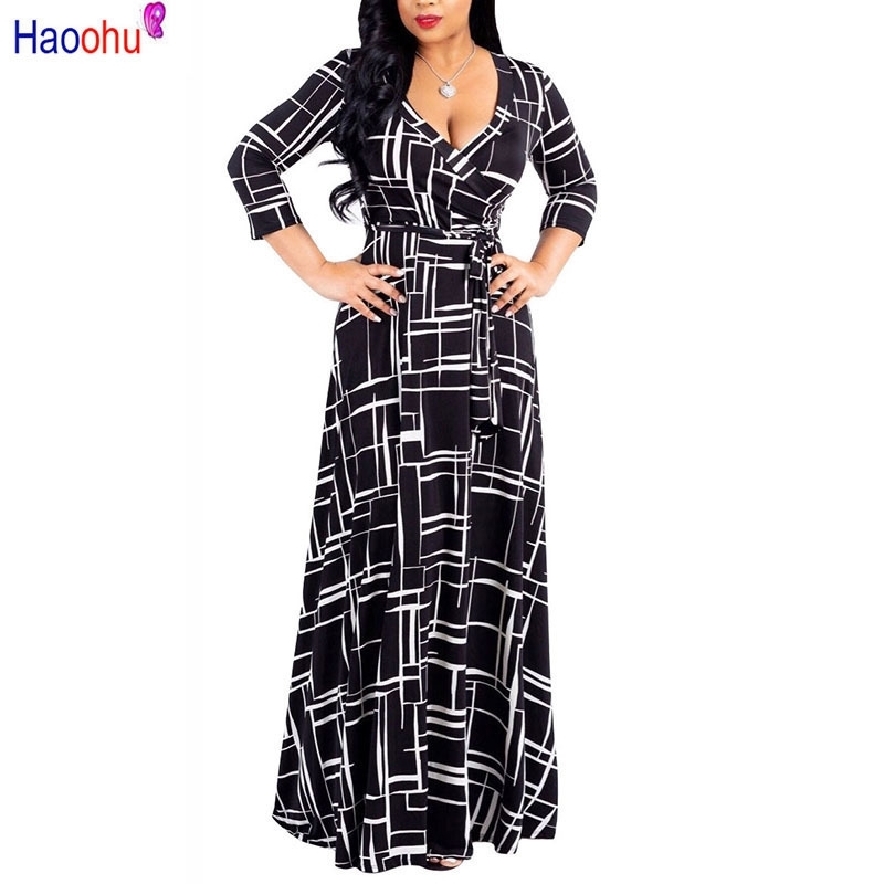 HAOOHU Plus Size black Bohemian Long Dress Women Autumn Winter Tunic Maxi Beach Dress gold Female Floor-Length Vestido T200320