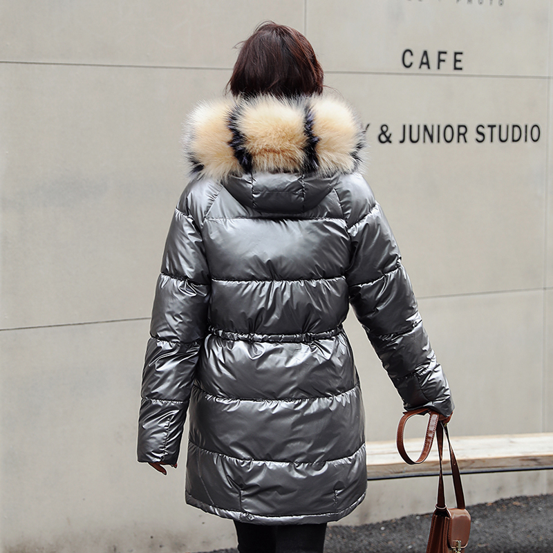 Women's Long Puffer Coat Solid Casual Winter Jacket Women Hooded With Fur Collar Shiny Cotton Padded Plus Size Thick Parkas 201019