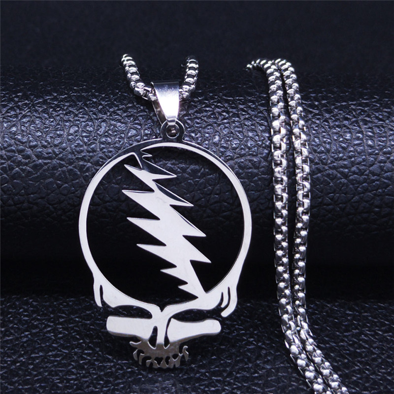 Grateful Dead Skull Stainless Steel Chain Necklace for Men and women Silver steel Color hollow round pendant Necklaces Jewelry Cadenas Mujer bijoux wh