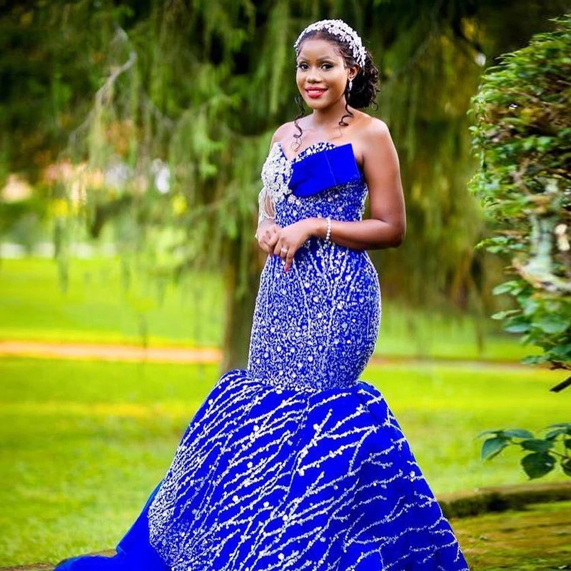 Aso Ebi African Women Royal Blue Prom Dress With Sweetheart Tassels Sequins Lace Appliques Plus Size Tiered Sweep Train Evening Gowns Vestidos De Novi