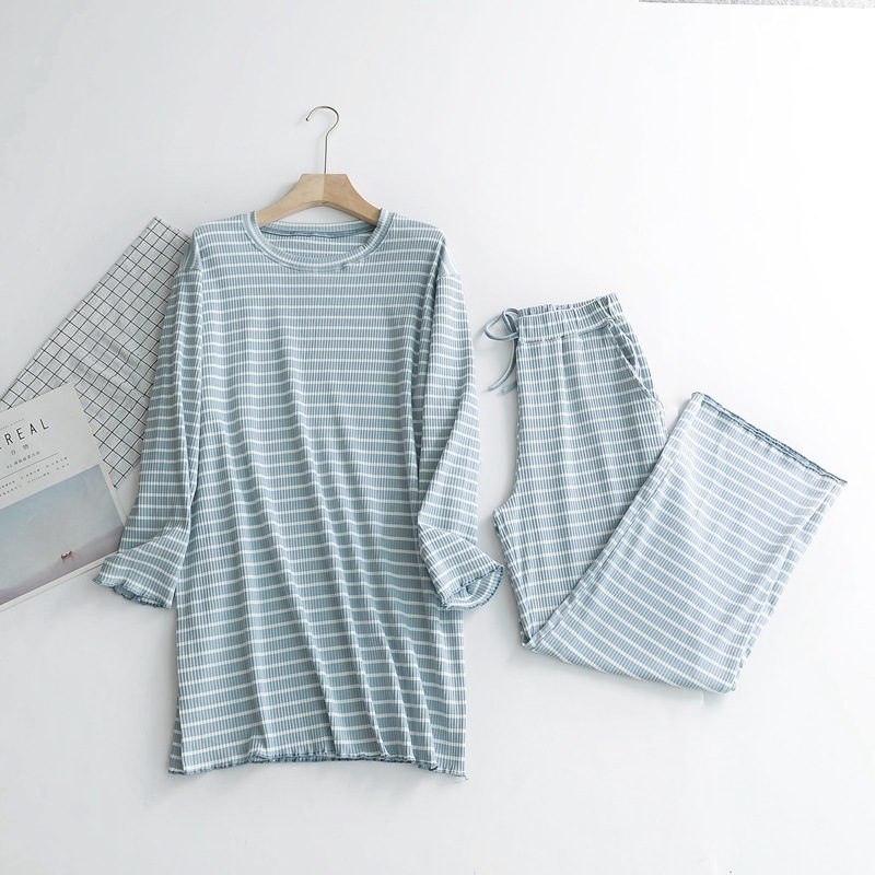 Autumn winter new cotton long-sleeved pajamas suits loose striped home suits two piece pants set pyjamas women pijamas sleepwear 201113