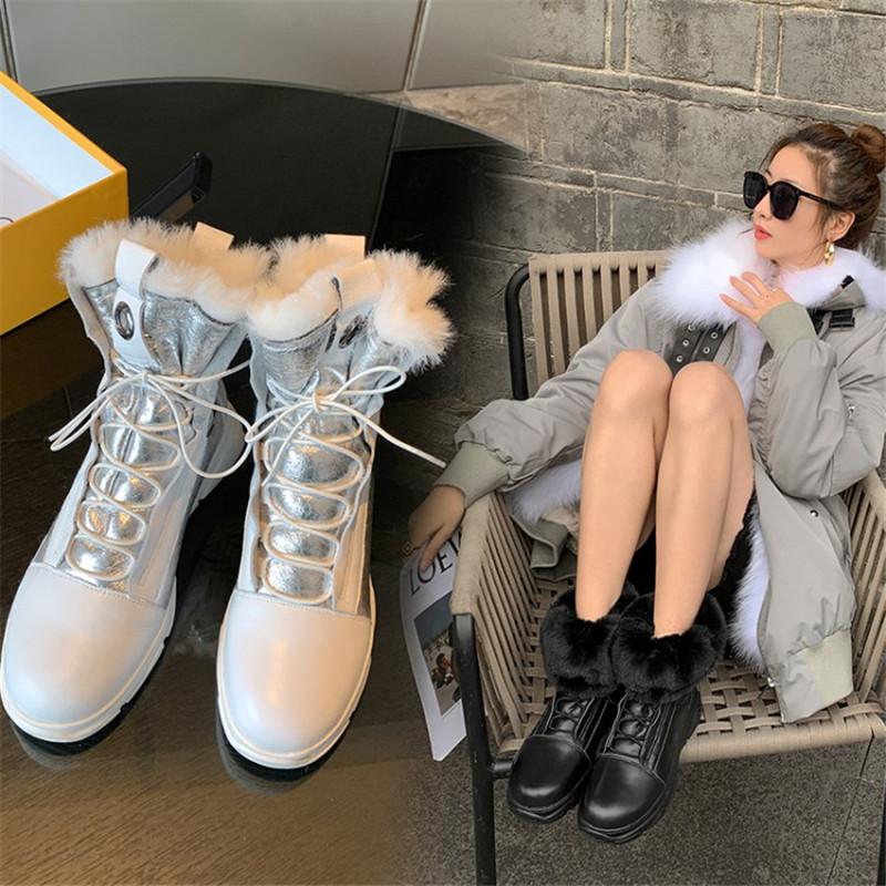 Winter Women Boots Cow Leather Snow Boots with Round Toe Lace Up Thicken Fur Platform Shoes Comfortable and Warm, Black 
Winter Women Boots Cow Leather Snow Boots with Round Toe Lace Up Thicken Fur Platform Shoes Comfortable and Warm, Black
