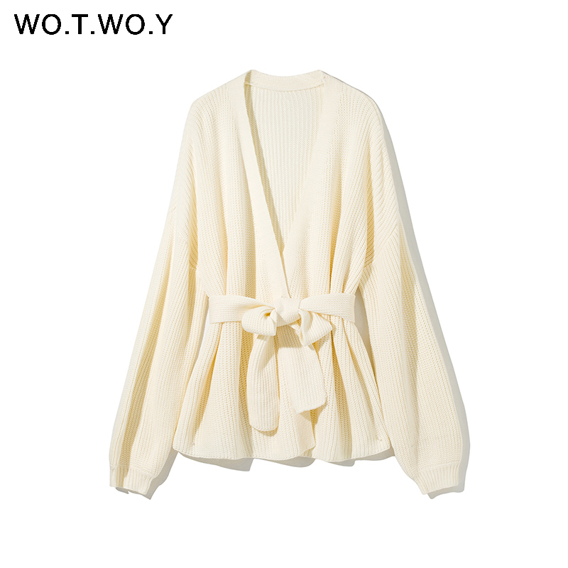 WOTWOY Sexy V-neck Knitted Cardigan Women Autumn Winter Long Sleeve Cropped Kimono Cardigans Female Solid Oversized Jumper 201023