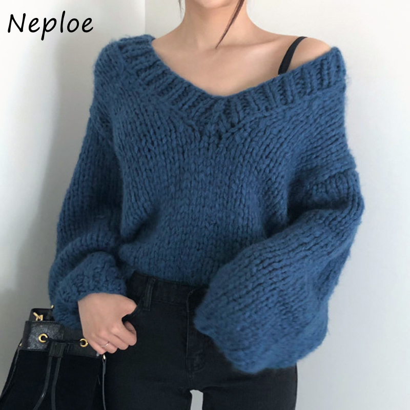 Neploe Autumn Retro Sexy V-neck Knitted Pullover Loose All-match Lantern Sleeve Sweater Women Solid Color Warm Fresh Femme Tops 201130, Blue
Neploe Autumn Retro Sexy V-neck Knitted Pullover Loose All-match Lantern Sleeve Sweater Women Solid Color Warm Fresh Femme Tops 201130, Blue