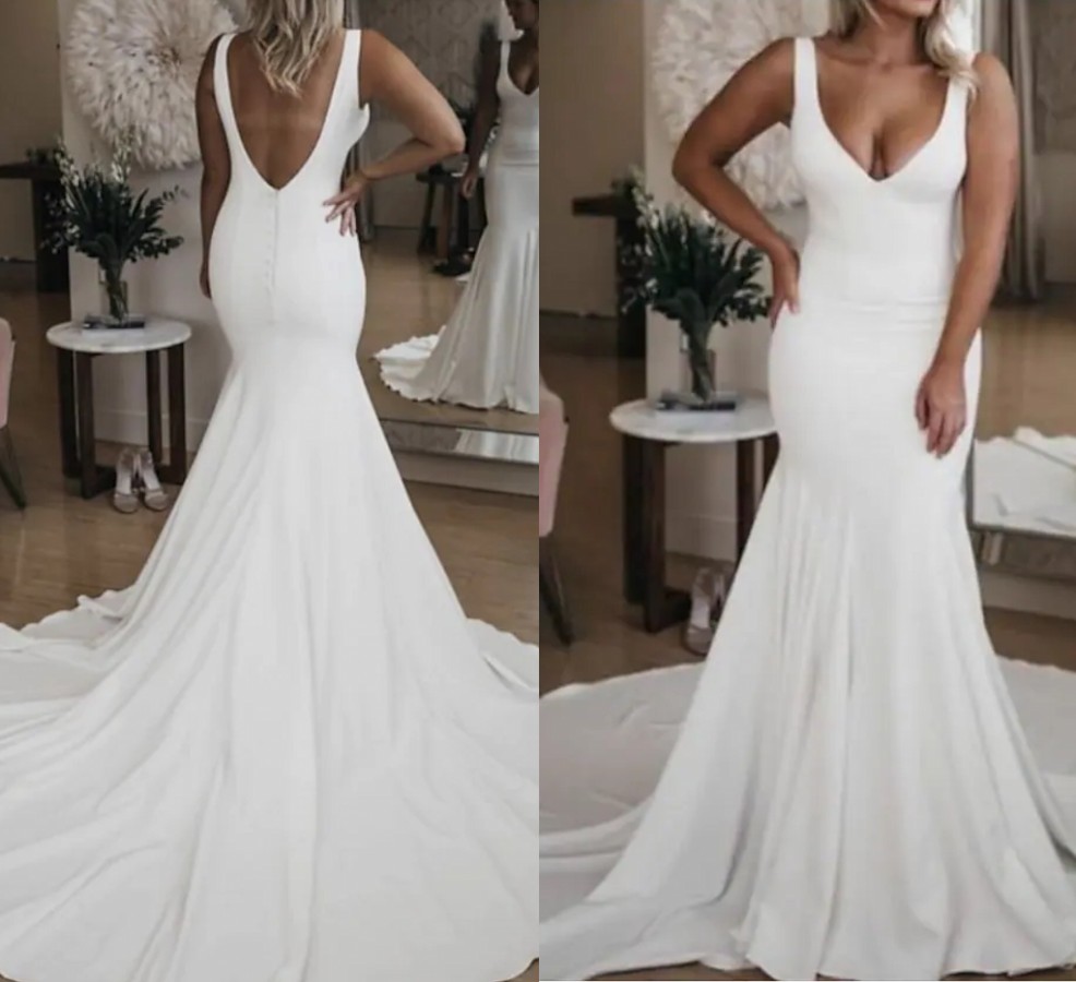 2022 Bridal Gown Mermaid Wedding Dresses V Neck Sweep Train Satin Simple Sexy Backless Plus Size Vestido De Noiva Robe De Mariage