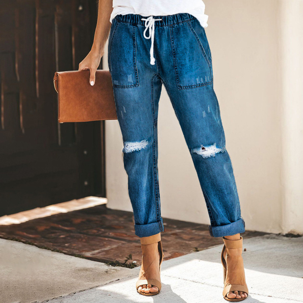 DAPHLIAC Vintage Ladies Boyfriend Jeans For Women Solid Blue High Waist Jeans Streetwear Korean Style Denim Pencil Pants 201105
