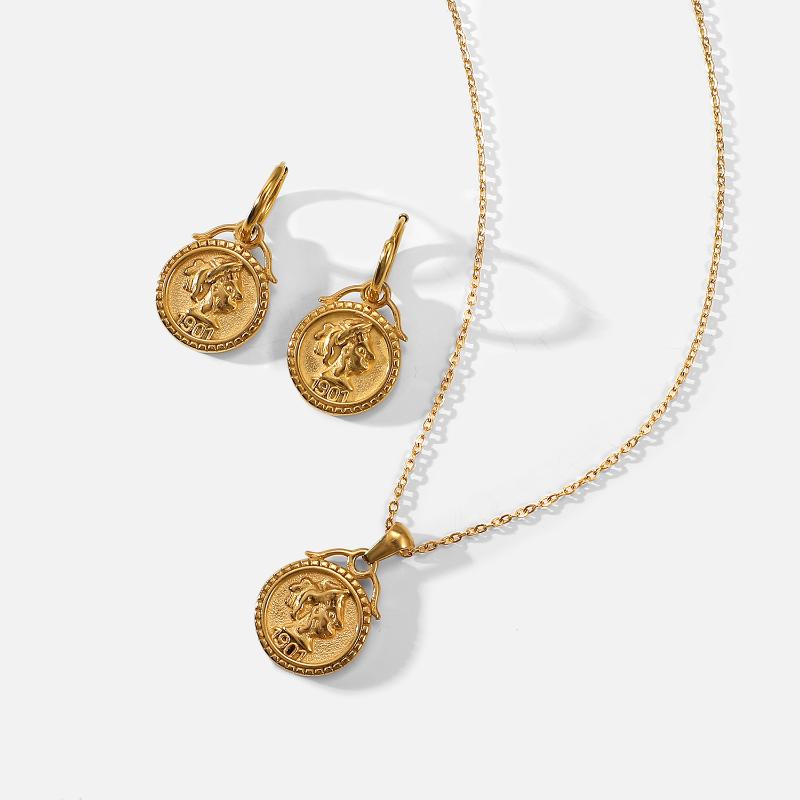 Pendant Necklaces Stainless Steel Elizabeth Necklace Jewelry Sets 18k Gold Hoop Earrings Retro Cubic Double Side Coin For Women
Pendant Necklaces Stainless Steel Elizabeth Necklace Jewelry Sets 18k Gold Hoop Earrings Retro Cubic Double Side Coin For Women