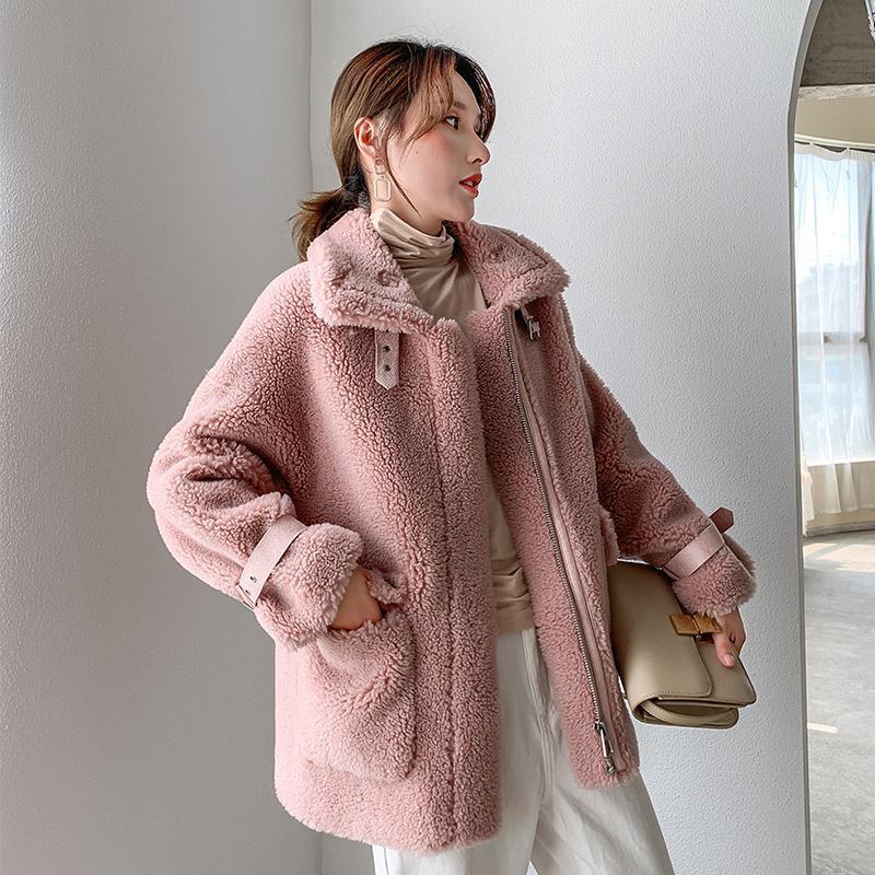 HStar Women Autumn Winter Real Lamb Fur Sheepskin Coat Genuine Granular Sheep Shearing Jacket Female Casual Warm Outerwear 201028