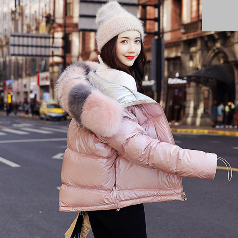 Winter Faux Fur Collar Short Parka Women Hooded Cotton Padded Jacket Female Shinny Parkas Fashion Thicken Warm Coats Woman 201019