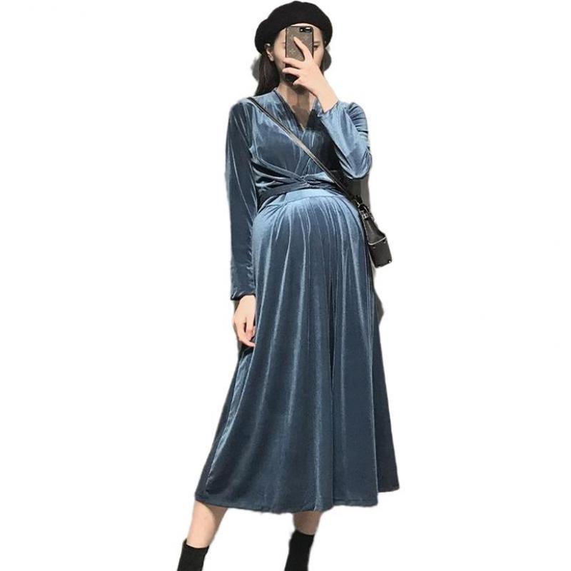 2020 Fashion Velvet Maternity Long Dress Elegant V Neck High Waist Slim Clothes For Pregnant Women Pregnancy Clothing Plus Size LJ201125