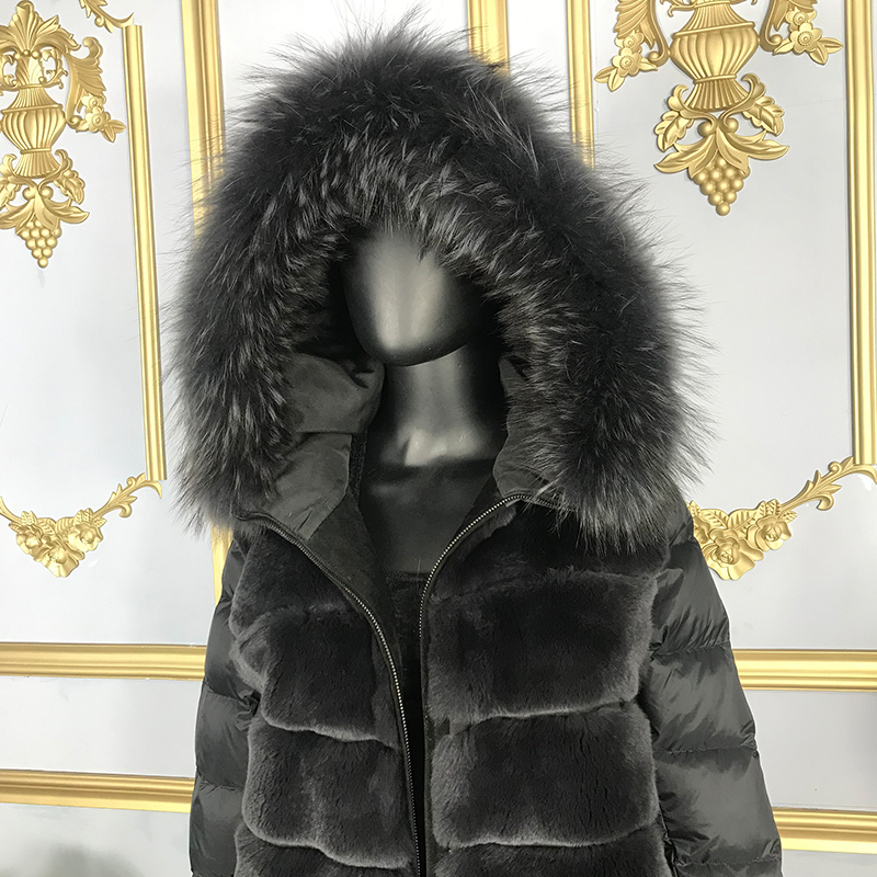 Coat Real Rabbit Fur Hooded Black Down Jacket Winter Women Classic Short Casual Outerwear Real Raccoon Fur Collar fur coat women 201112