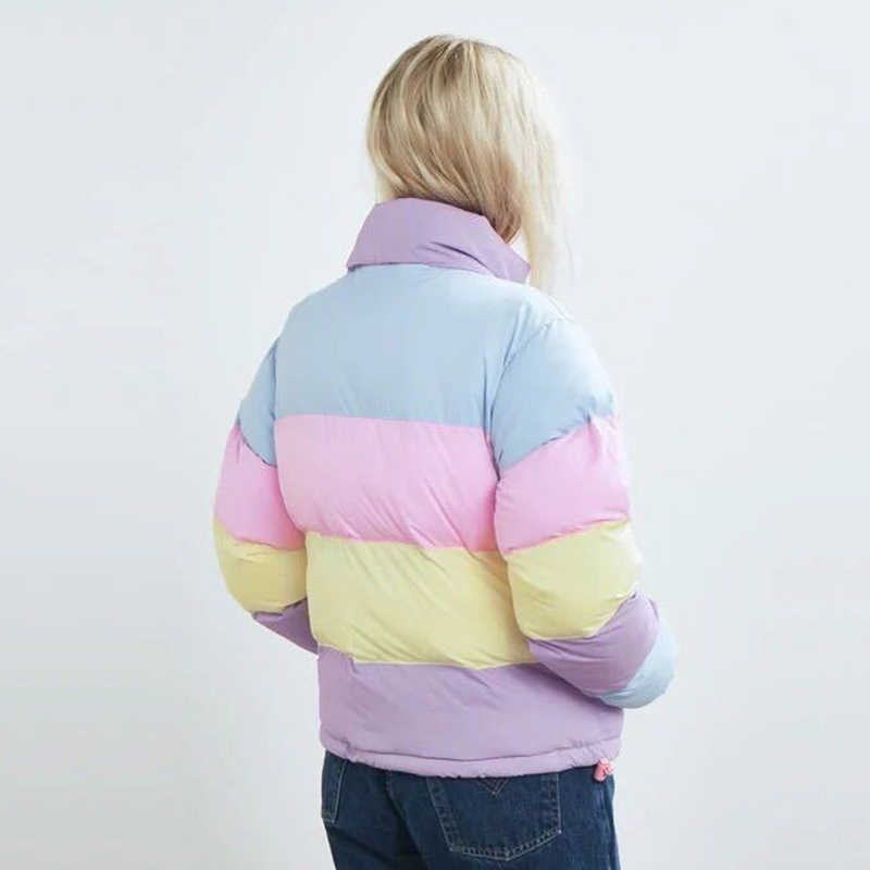 Women's Fresh Rainbow Contrast Short Bread Parkas Winter Zipper Pockets Jacket Women Parka Casual Patchwork Fuffy Female Jacket 201217